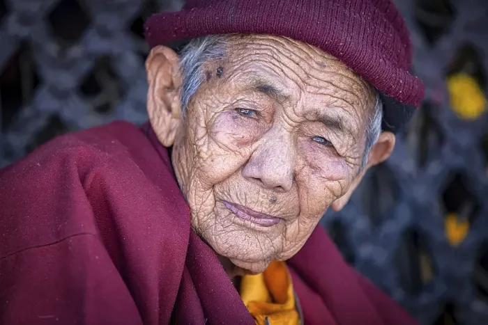 Framed Print : Elderly female Buddhist nun at Boudhanath stupa Framed Print : Elderly female Buddhist nun at Boudhanath stupa