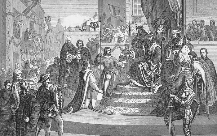 Framed Print : Elector Frederick's enfeoffment with the Margraviate of Brandenburg (1398) Father Frederick V
