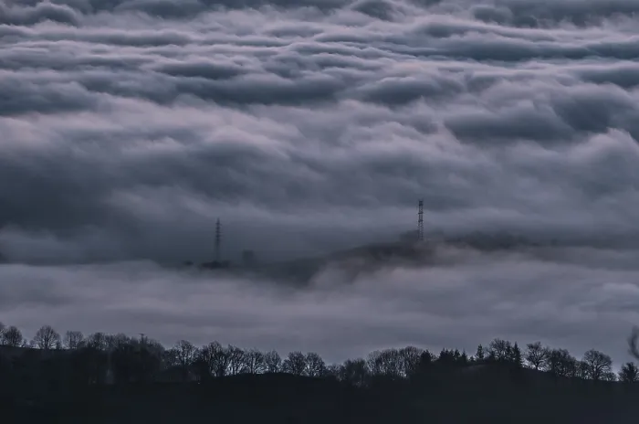 Framed Print : Electric poles between the mist of the mountains of the valley of Lesaka