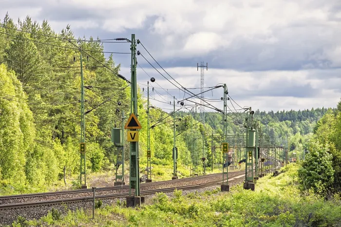 Framed Print : Electric railway line with overhead line in a deciduous forest in spring