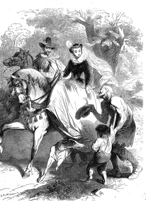 Framed Print : Elegant Couple on Horseback Giving a Beggar a Meek Gift Framed Print : Elegant Couple on Horseback Giving a Beggar a Meek Gift