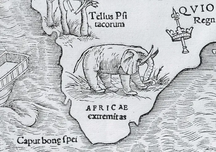 Framed Print : Elephant, detail, earliest printed map of the entire African continent Framed Print : Elephant, detail, earliest printed map of the entire African continent