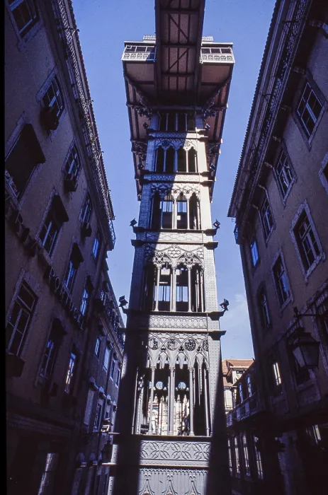 Framed Print : Elevador de Santa Justa frontal in a narrow old town street