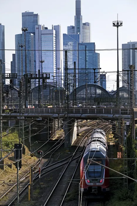 Framed Print : Elevated city view with regional train and skyscrapers