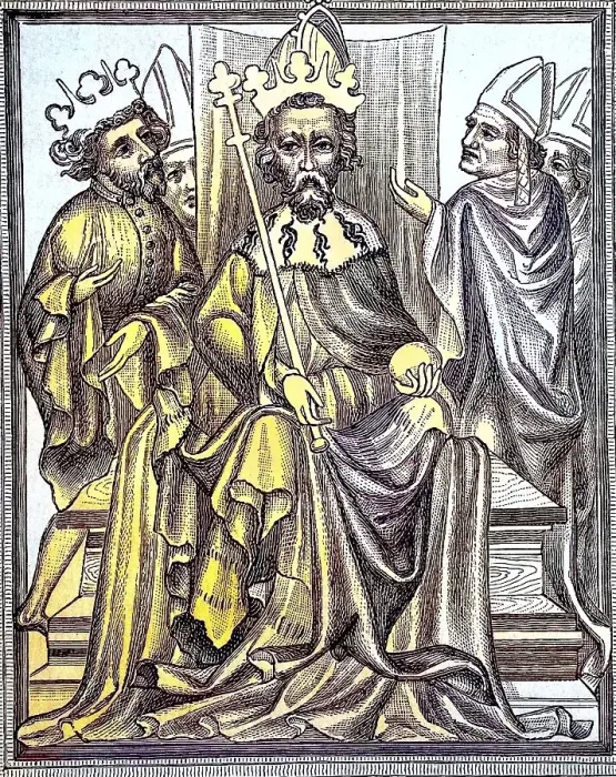 Framed Print : Emperor Charles IV in Imperial Order with his son Wenceslas and bishops