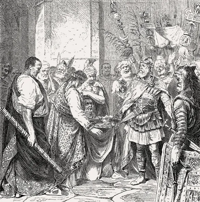 Framed Print : Emperor Flavius Romulus Augustus giving the Crown to Flavius Odoacer