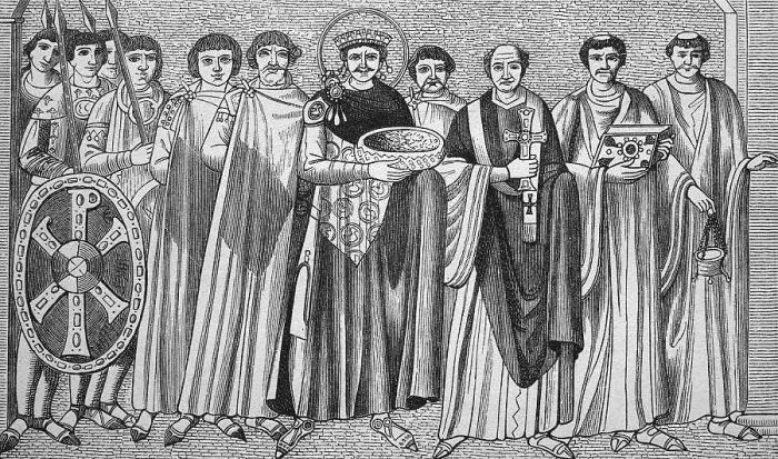Framed Print : Emperor Justinian I and Bishop Maximian with court