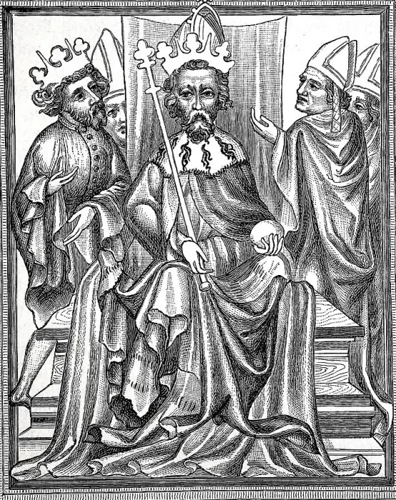 Framed Print : Emperor Karl IV. In the imperial order with his son Wenzel and bishops