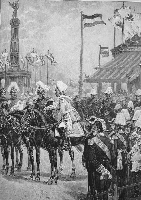 Framed Print : Emperor Wilhelm I greeting Prince Bismarck at the inauguration of the Victory Columns in Berlin