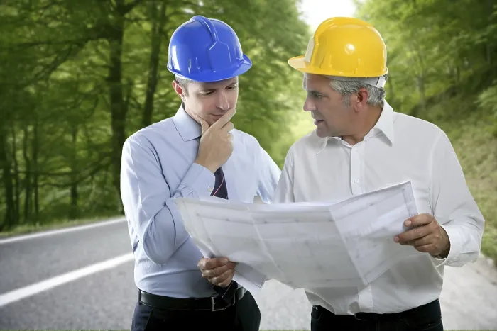 Framed Print : Engineer two expertise team plan talking hardhat forest road Framed Print : Engineer two expertise team plan talking hardhat forest road