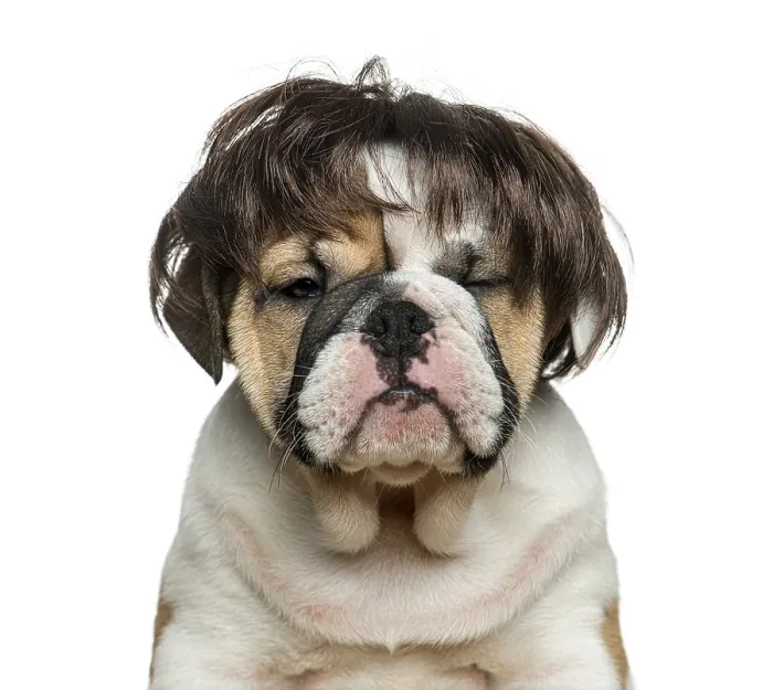 Framed Print : English bulldog puppy wearing a wig in front of white background Framed Print : English bulldog puppy wearing a wig in front of white background