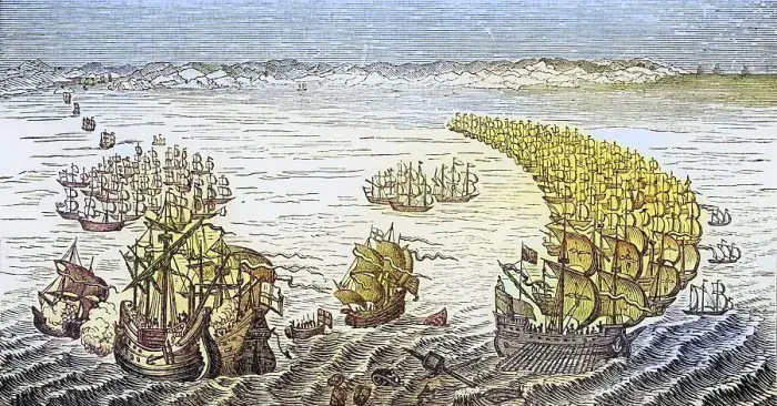 Framed Print : The English fleet under the command of Sir Francis Drake attacking the Spanish Armada in 1588
