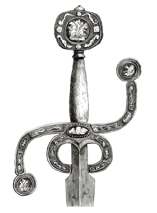 Framed Print : English sword, circa 1580, with very rare flat pommel and curved S-hilt