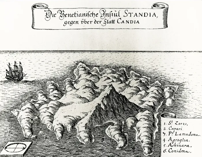 Framed Print : Engraving, The island of Spina Longa Framed Print : Engraving, The island of Spina Longa