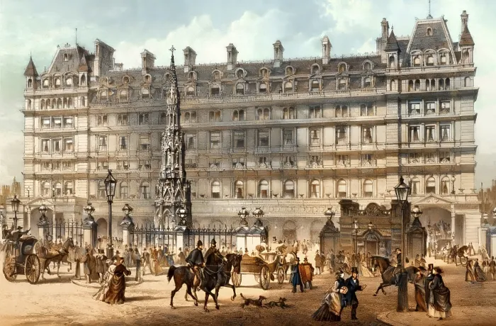 Framed Print : The front entrance of Charing Cross railway station in 19th-century