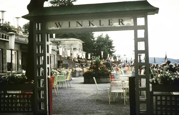 Framed Print : Entrance door to the terrace of Cafe Winkler, Salzburg, Austria, Europe 1960, Europe