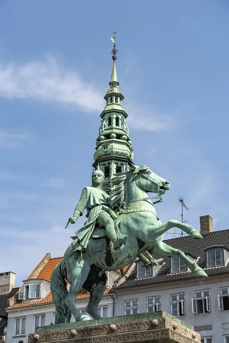 Framed Print : Equestrian statue of Absalon and the tower of St Nicholas Church on the central square Hojbro Plads in Copenhagen