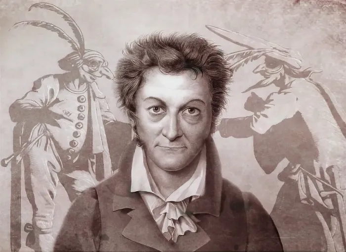 Framed Print : Ernst Theodor Amadeus Hoffmann, or E. T. A. Hoffmann, 1776 - 1822, German Romantic author of fantasy and horror, figures from Prinzessin Brambilla, digitally edited after Jacques Callot
