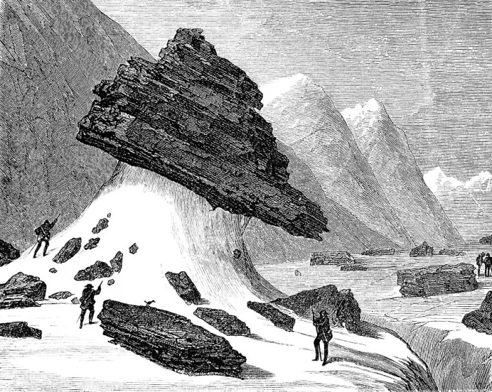 Framed Print : Erratic granite block on the Aar glacier in the valley near Gittannen, erratic boulder or foreign object, geology, Alps, high mountains, rock, hiker, Canton of Bern, Switzerland, historical illustration 1880, Europe