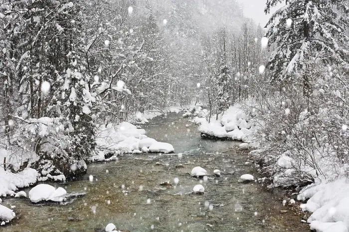 Framed Print : Erzbach brook during snowfall, between Eisenerz and Hieflau