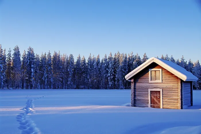 Framed Print : Europe, Finland, Lapland, wooden hut in winter