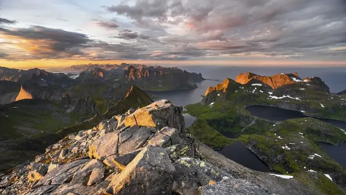 Framed Print : Evening atmosphere, mountain landscape with Reinefjord and lake Framed Print : Evening atmosphere, mountain landscape with Reinefjord and lake