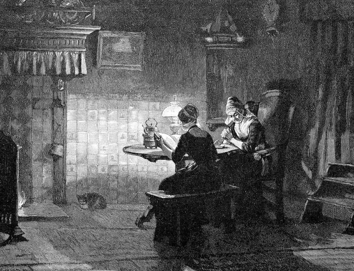 Framed Print : Evening devotion in the farmhouse parlour