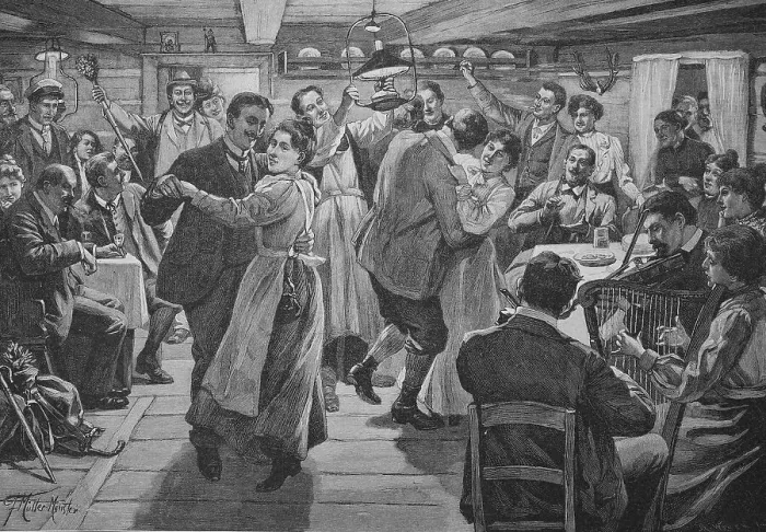 Framed Print : Evening entertainment in an inn in the KrkonoTe Mountains with dancing and music Framed Print : Evening entertainment in an inn in the KrkonoTe Mountains with dancing and music