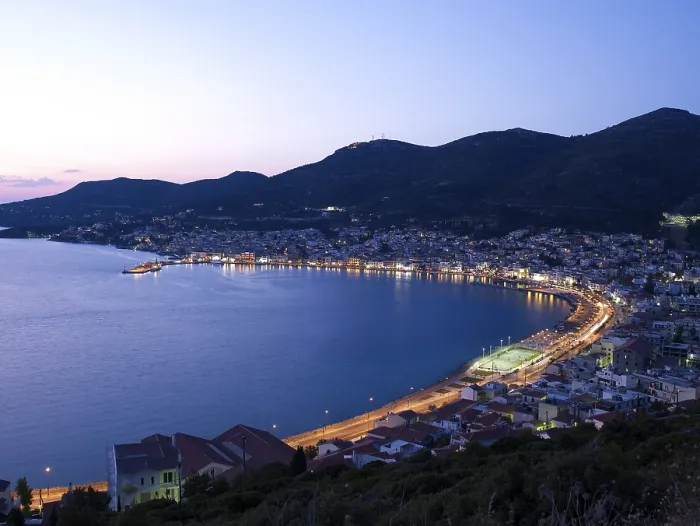 Framed Print : Evening mood in the bay of Samos Town on the Greek island of Samos