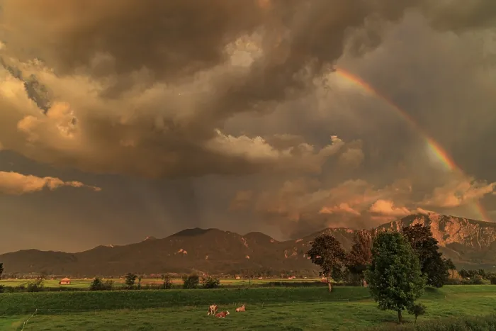 Framed Print : Evening mood with clouds and rainbow over mountains Framed Print : Evening mood with clouds and rainbow over mountains