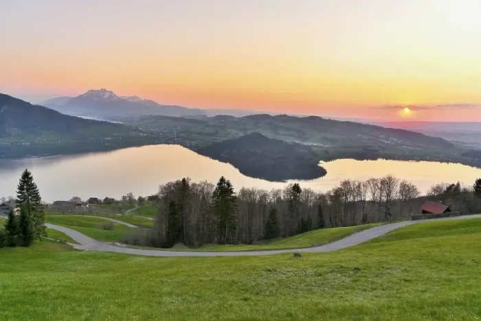 Framed Print : Evening mood at Lake Zug with gills of the narrowest part of the lake