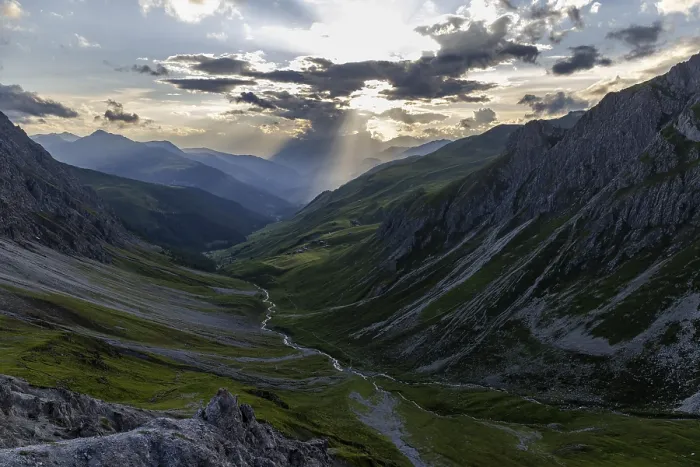 Framed Print : Evening mood in the mountains, view of Sapuen from the Strela Pass