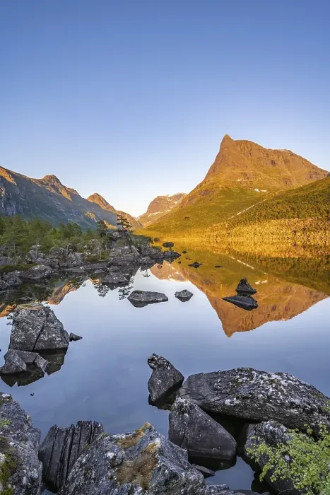 Framed Print : Evening mood, sunset at the lake Innerdalsvatna