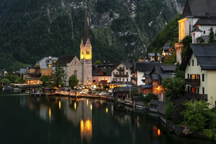 Framed Print : Evening mood, View of Hallstatt with church