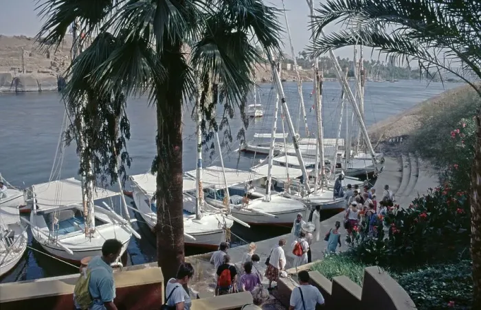 Framed Print : Excursion boats, boat harbour, Aswan, Nile Valley, Egypt, September 1989, vintage, retro, old, historical, Africa