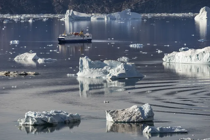 Framed Print : Expedition cruise ship between icebergs Framed Print : Expedition cruise ship between icebergs