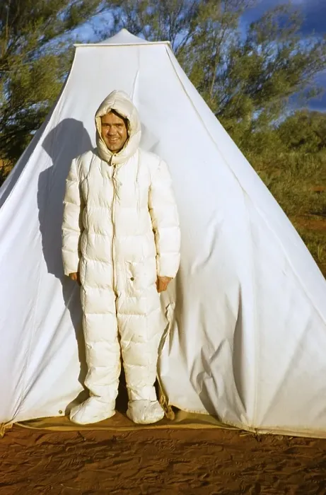 Framed Print : Expedition of the Melbourne Grammar School, Northern Territory, Australia, 1956, man uses RAF flight suit as sleeping bag, Oceania
