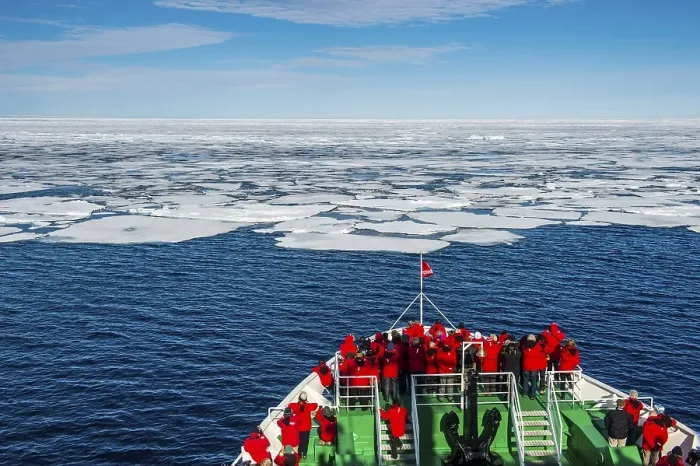 Framed Print : expedition ship in front of the pack ice