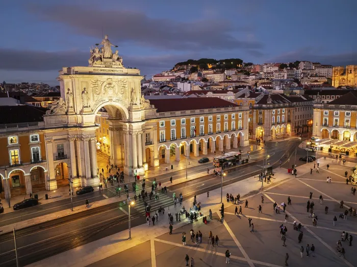 Framed Print : Experience the magic of Christmas in Lisbon as Praca do Comercio glows with festive lights in the evening twilight Framed Print : Experience the magic of Christmas in Lisbon as Praca do Comercio glows with festive lights in the evening twilight
