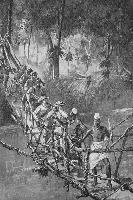 Framed Print : Explorers and natives crossing a liana bridge in Cameroon