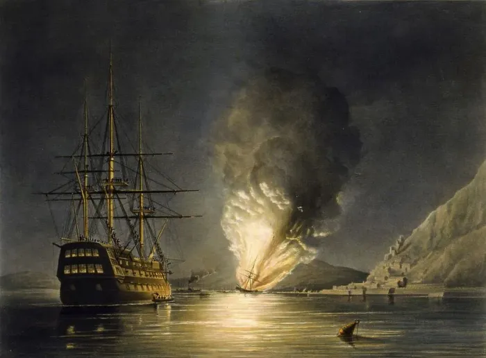Framed Print : The Explosion of the US Steam Frigate Missouri at Gibralter
