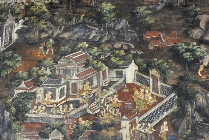 Framed Print : Exquisite wall paintings, interior view of Phra Ubosot or ordination hall