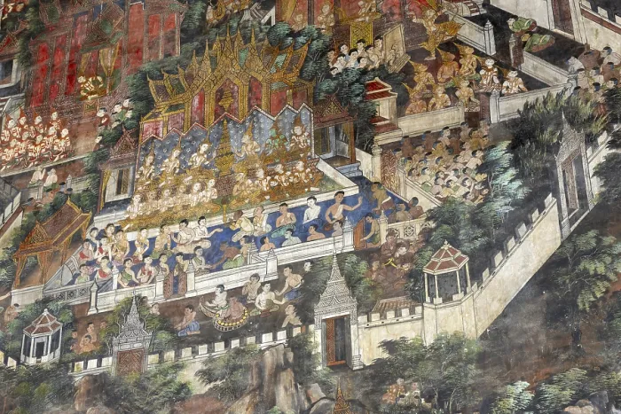 Framed Print : Exquisite wall paintings, interior view of Phra Ubosot or ordination hall Framed Print : Exquisite wall paintings, interior view of Phra Ubosot or ordination hall