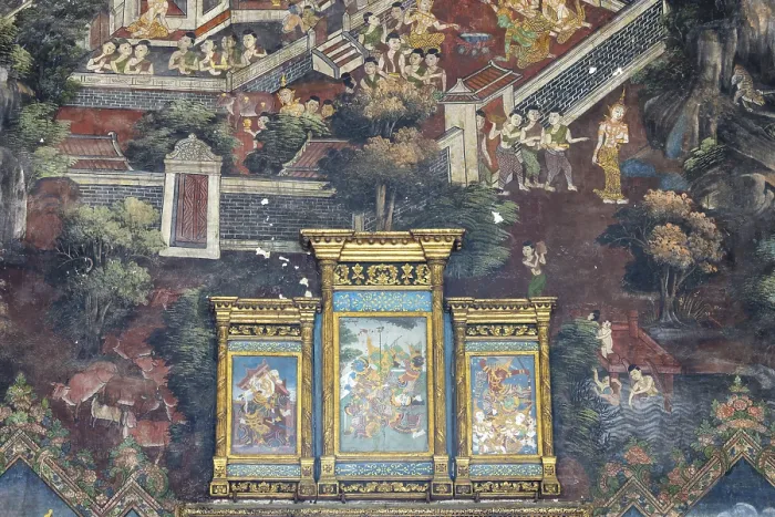 Framed Print : Exquisite wall paintings, interior view of Phra Ubosot or ordination hall