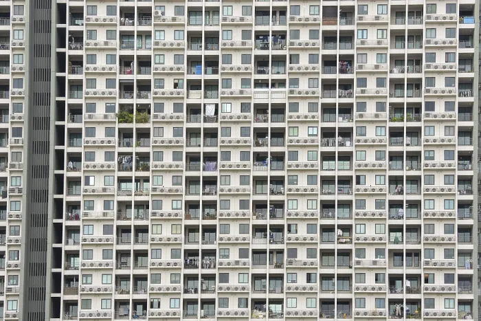 Framed Print : Exterior facade of a residential high-rise building of Condo U