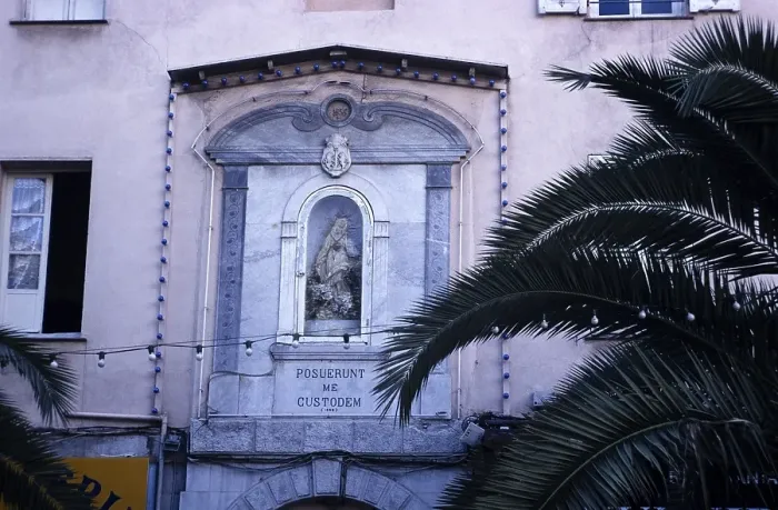 Framed Print : Exterior view of the imperial chapel, Ajaccio, Corsica, France in 1998 Posuerunt me Custodem Latin inscription