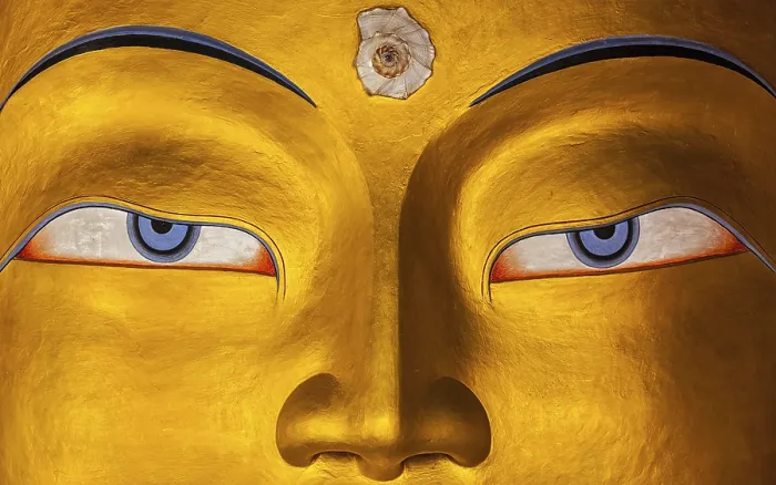 Framed Print : Eyes of Maitreya Buddha face close up