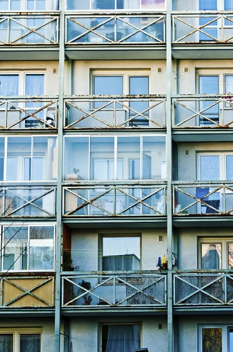 Framed Print : Facade of an apartment building featuring multiple balconies and windows Framed Print : Facade of an apartment building featuring multiple balconies and windows