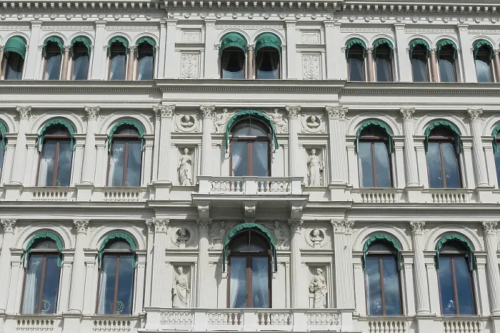 Framed Print : Facade of a hotel, window, balcony