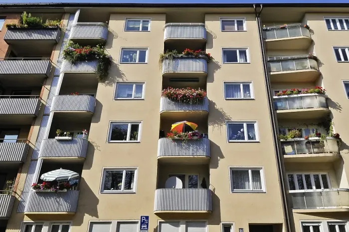 Framed Print : Facade with planted balconies and sun shades